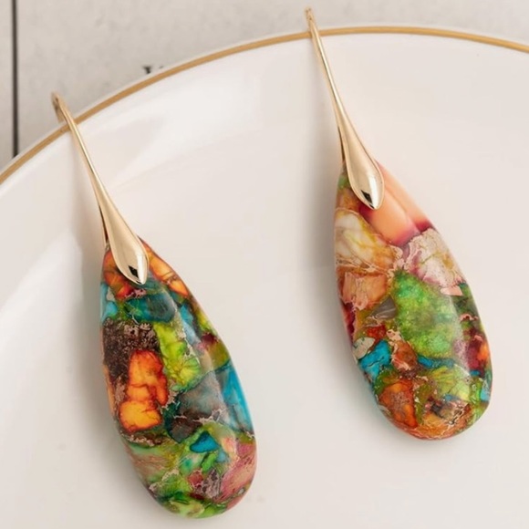 Natural Healing stone Colorful Teardrop Earrings with gold hooks - Picture 2 of 5